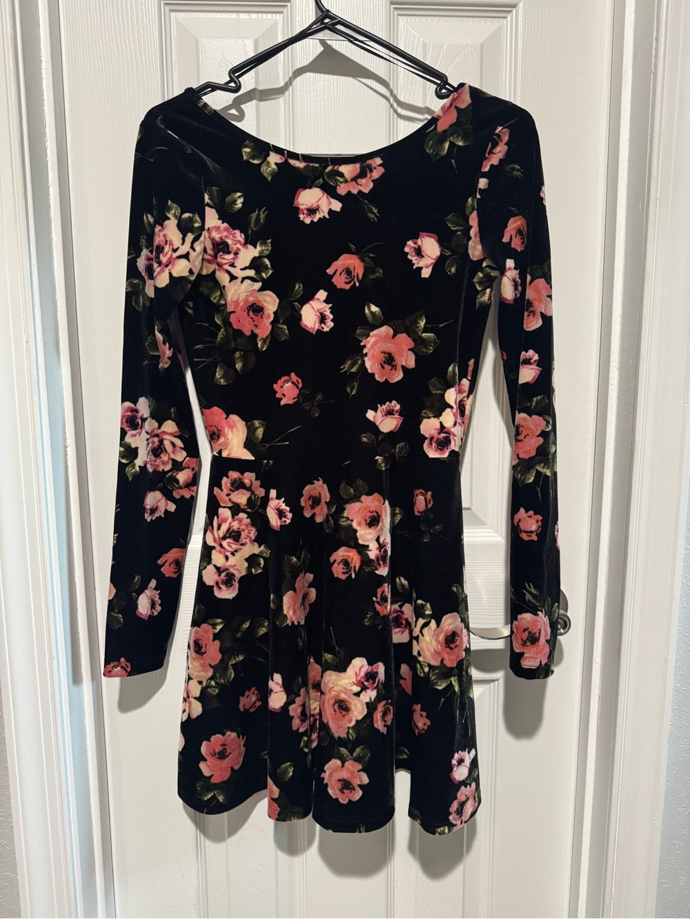 Bethany Mota Black Velvet Long-Sleeve Dress with Pink Floral Print